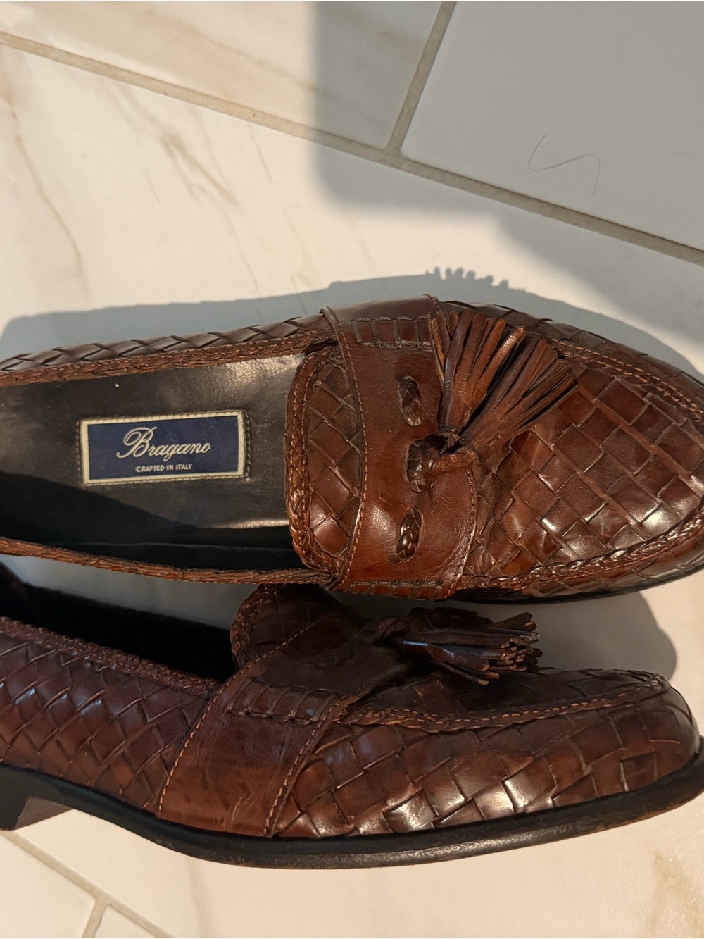 Brown Woven Leather Tassel Loafers - Men's